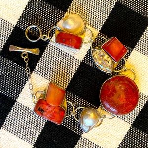 Handmade one of a kind artisan bracelet - sponge coral, pearl, sterling silver